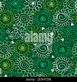 Motif vert vectoriel monochrome en forme de doodle main fleur puissance et coeurs ligne art amusant sans couture. Convient pour le textile, l'emballage cadeau et le papier peint. Illustration de Vecteur