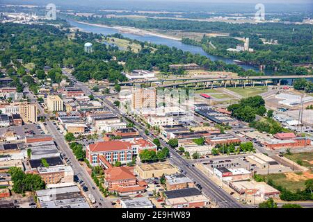 Tuscaloosa Alabama, centre-ville, vue aérienne au-dessus du quartier des affaires Black Warrior River Banque D'Images