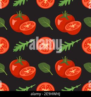 Motif sans couture avec tomates et feuilles d'épinards, arugula sur fond noir Illustration de Vecteur