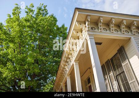 Alabama Montgomery Old Alabama Town restauré historique, South Block détails architecturaux colonnes porche pignon, Banque D'Images