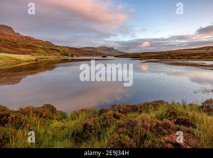 Île de Skye, Écosse : lumière du lever du soleil et nuages se reflétant dans le Loch Fada avec des bruyères qui fleurissent sur le rivage et l'emblématique Old Man of Storr dans le Th Banque D'Images