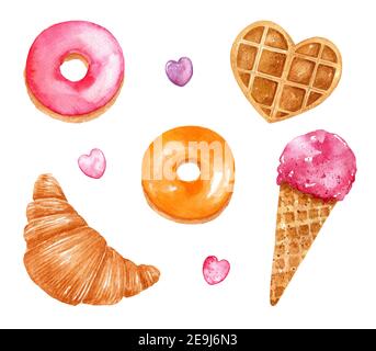 Set aquarelle avec bonbons. Gaufres en forme de coeur, beignets glacés rose et orange, cornet de crème glacée aux fraises, croissant et bonbons. Banque D'Images