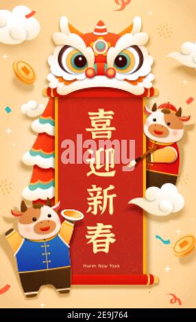 2021 modèle de carte de vœux à spirale CNY, décoré avec une tête de danse de lion et de mignon ox écrivant la calligraphie chinoise. Traduction: Bienvenue la nouvelle année. Illustration de Vecteur