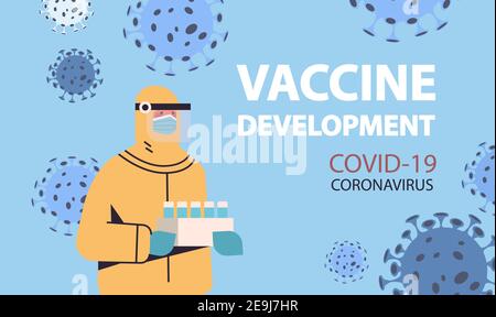 un scientifique développant un nouveau vaccin contre le coronavirus en laboratoire chercheur en protection combinaison de travail tenant des tubes à essai de développement de vaccins lutte contre le covid-19 concept d'illustration vectorielle horizontale portrait Illustration de Vecteur