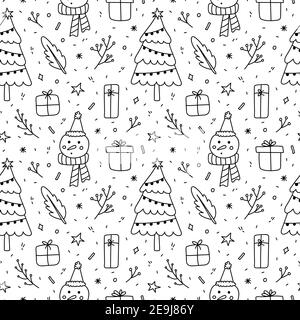 Motif de Noël sans coutures. Arbre de Noël avec guirlande, bonhomme de neige, cadeaux, brindilles et flocons de neige. Illustration vectorielle dessinée à la main, style doodle. Illustration de Vecteur