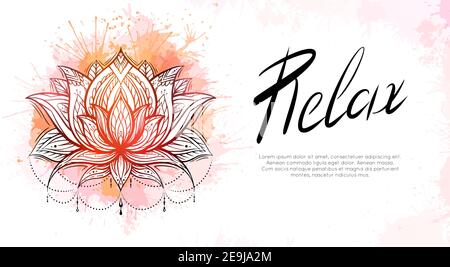 Modèle horizontal avec contour tribal lotus, touches d'aquarelle orange et texte relax. Carte postale spirituelle religieuse. Nénuphars avec natif Illustration de Vecteur