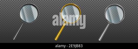 Loupes, loupes avec lentilles transparentes isolées sur fond transparent. Ensemble vectoriel réaliste de loupes en plastique or, argent et noir, outil de zoom optique pour l'examen des documents Illustration de Vecteur