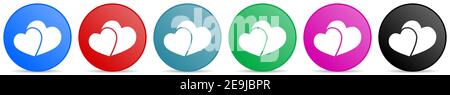 Deux cœurs, icônes vecteur de jour de Saint-Valentin, ensemble de boutons de gradient de cercle dans 6 options de couleurs pour le webdesign et les applications mobiles Illustration de Vecteur