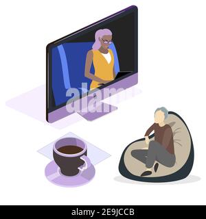 Soutien psychologique en ligne. Le médecin parle avec le patient. Vector consultation psychologique, thérapeute en psychiatrie, assistance médicale professionnelle utilisation int Illustration de Vecteur