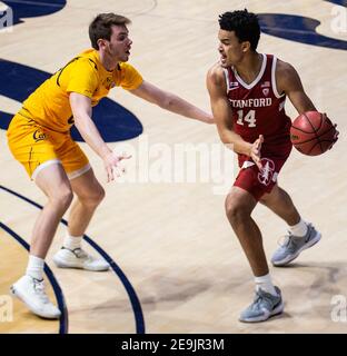 Hass Pavilion Berkeley Calif, États-Unis. 04e fév. 2021. CA U.S.A. Stanford Cardinal Forward Spencer Jones (14) cherche à passer le ballon pendant le jeu de basketball masculin NCAA entre Stanford Cardinal et la victoire California Golden Bears 70-55 au Hass Pavilion Berkeley Calif. Thurman James/CSM/Alay Live News Banque D'Images