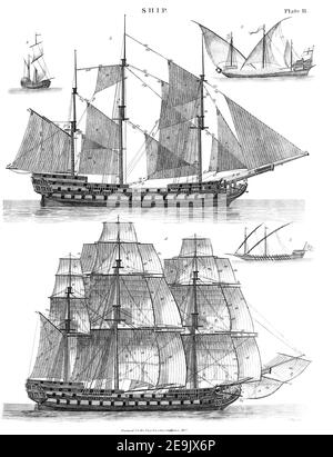 Navires navires de divers types gravure de Copperplate de l'Encyclopedia Londinensis or, Dictionnaire universel des arts, des sciences et de la littérature; Volume XXIII; édité par Wilkes, John. Publié à Londres en 1828 Banque D'Images