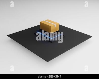 red 3d des lots de tri et de livraison automatiques dans les magasins sombres. L'industrie moderne du transport maritime. Bureau de poste d'expédition ai. Unité isométrique isolée Banque D'Images