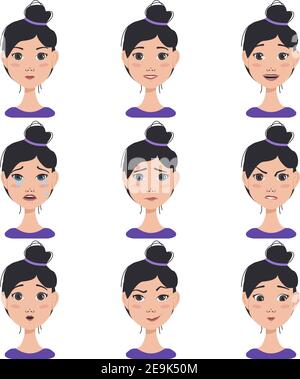 Ensemble d'expressions faciales avatars d'une femme orientale avec des émotions différentes Illustration de Vecteur
