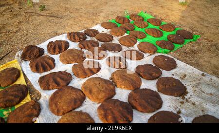 Gâteaux secs de vache Dung pour le kund de hawan . Boucher le gâteau sur fond de sol. Gâteau de Dung pour cérémonie religieuse. Banque D'Images