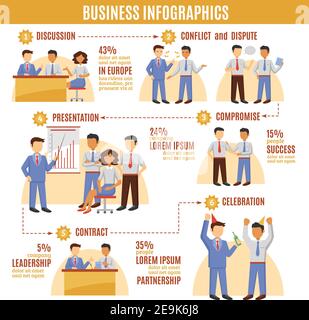 Ensemble d'infographies d'entreprise avec présentation de discussion d'hommes d'affaires et icônes de leadership illustration vectorielle Illustration de Vecteur