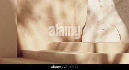 Arrière-plan abstrait beige minimal avec podium en pierre pour la présentation des produits et des cosmétiques. Ombre naturelle sur le mur. maquette de rendu 3d pour l'exposition ou la présentation des produits. Banque D'Images