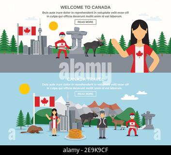 Bienvenue au canada bannières avec les bâtiments alimentaires pour les animaux de hockey et illustration vectorielle isolée paysage Illustration de Vecteur