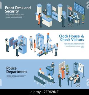 Les bannières horizontales du service de police sont en place avec le magasin de l'horloge et le chèque symboles de visiteurs illustration vectorielle isolée isométrique Illustration de Vecteur