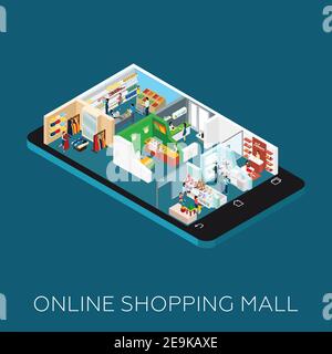 Centre commercial en ligne Isométrique icônes placées sur le smartphone illustration du vecteur de base Illustration de Vecteur