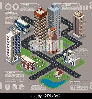 Infographies de ville isométriques avec des gratte-ciel de rue de bâtiments reliés par des pointillés lignes avec graphiques et illustrations vectorielles Illustration de Vecteur