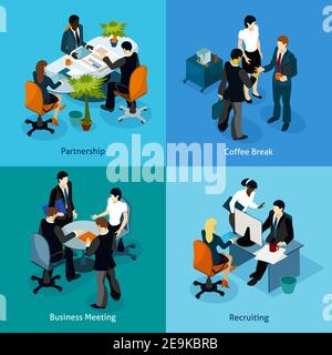 Ensemble d'icônes isométriques pour les professionnels avec des employés de bureau en négociation et pendant les heures normales de bureau illustration du scénario Illustration de Vecteur