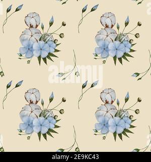 Fleurs en lin et pétons de coton aquarelle motifs sans couture sur fond beige. Banque D'Images