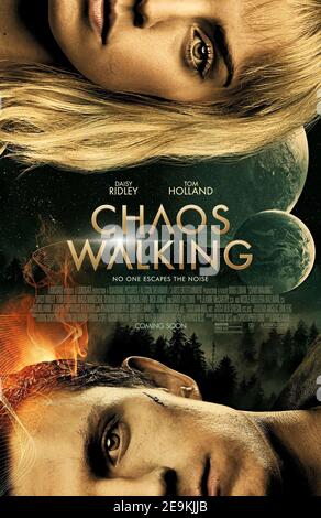 Chaos Walking (2021) réalisé par Doug Liman et mettant en vedette Tom Holland, Mads Mikkelsen et Daisy Ridley. Aventure dystopique dans un monde où il n'y a pas de femmes et toutes les créatures vivantes peuvent entendre les pensées de l'autre. Banque D'Images