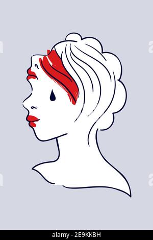 Santé mentale féminine - illustration vectorielle minimaliste. Portrait surréaliste d'une femme à double visage avec un faux sourire. Trouble bipolaire, narcissique ou personne Illustration de Vecteur