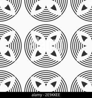 Motif abstrait sans couture avec formes de cercles symétriques, rayures, pétales. Fleurs stylisées. Décoration géométrique répétée. Texture moderne et élégante. Illustration de Vecteur
