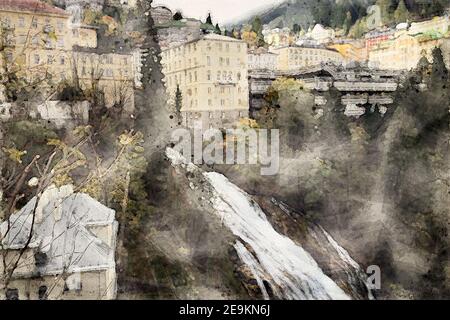 Bad Gastein avec la cascade de Gastein, État de Salzbourg, Autriche. Station thermale dans la chaîne de montagnes Hohe Tauern des Alpes autrichiennes. Aquarelle Illustration. Banque D'Images