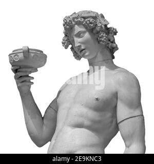 Ancienne statue de Dionysos isolée sur fond blanc. Dionysos est le Dieu de la récolte du raisin, du vin et du merriment. Aussi connu sous le nom de Bacchus Banque D'Images
