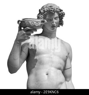Ancienne statue de Dionysos isolée sur fond blanc. Dionysos est le Dieu de la récolte du raisin, du vin et du merriment. Aussi connu sous le nom de Bacchus Banque D'Images