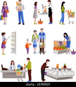 Les gens dans le supermarché acheter des produits d'épicerie décoratifs icônes ensemble isolé illustration vectorielle Illustration de Vecteur