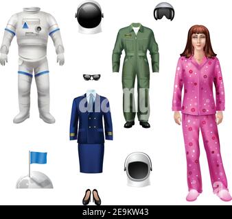 Pack personnage astronaute fille avec casque de costume et drapeau explorer illustration vectorielle d'icônes isolées Illustration de Vecteur