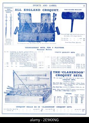 Pages du catalogue W B Fordham pour les sports et les jeux Équipement montrant les jeux de croquet 1909 Banque D'Images