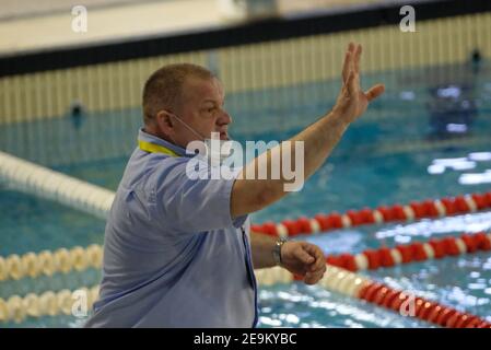 Vérone, Italie. 05 février 2021. 2/5/2021 - Aleksandr Naritsa - entraîneur en chef - Kinef Surgutneftegas pendant ce Mediterrani vs Kinef Surgutneftgas, Waterpolo EuroLeague Women Match à Vérone, Italie, février 05 2021 (photo par IPA/Sipa USA) Credit: SIPA USA/Alay Live News Banque D'Images