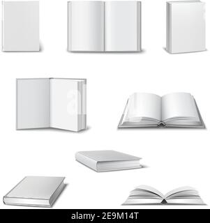 Ensemble réaliste de livres ouverts et fermés 3d avec blanc illustration vectorielle isolée à couverture blanche Illustration de Vecteur