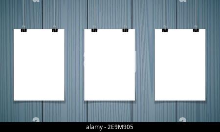 Ensemble de 3 affiches en blanc accroché sur thread avec clips Illustration de Vecteur