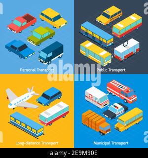 Concept de transport ensemble avec public personnel longue distance et municipal les icônes isométriques définissent l'illustration vectorielle isolée Illustration de Vecteur