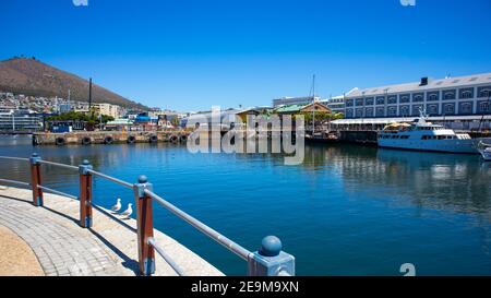 Front de mer- Cape Town, Afrique du Sud - 03-02-2021 vue panoramique sur le front de mer et le port. Les mouettes reposent sur une corniche au premier plan. Banque D'Images