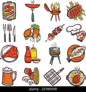 Barbecue grill icônes décoratives colorées avec barbecue et cuisine illustration de vecteur isolé d'ustensile Illustration de Vecteur