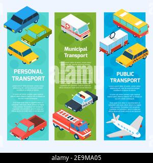 Ensemble vertical de bannières isométriques de transport avec véhicules de tourisme 3d isolés illustration vectorielle Illustration de Vecteur