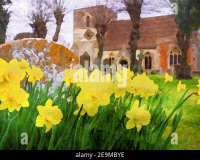 Des jonquilles printanières aux couleurs de l'eau fleurissent à l'extérieur de l'église St Marys, dans le Kintbury Berkshire. Banque D'Images