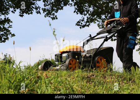 Jardinier fauchant une pelouse Banque D'Images