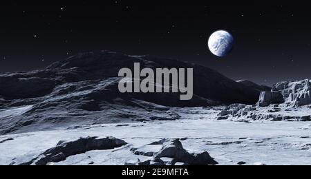 La Terre se lève sur la Lune. rendu 3d Banque D'Images
