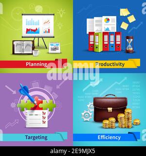 Concept de conception d'entreprise avec planification de la productivité visant l'efficacité réaliste icônes illustration vectorielle isolée Illustration de Vecteur