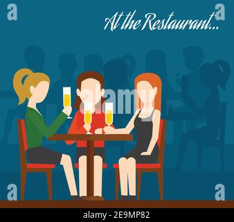 Trois jeunes filles assises à table buvant du champagne avec des gens silhouettes en arrière-plan des amis se rencontrent dans l'illustration vectorielle plate du restaurant Illustration de Vecteur