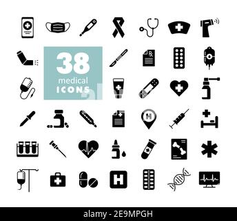 Jeu d'icônes de glyphe vecteur médical. Médecine et soins de santé, signe de soutien médical. Symbole graphique pour la conception de sites Web médicaux et d'applications, le logo, l'application, l'interface utilisateur Illustration de Vecteur