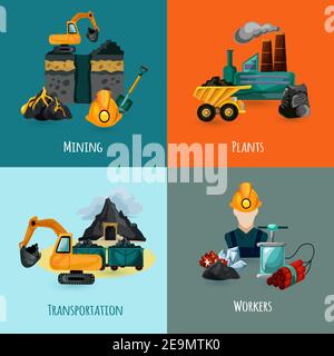 Ensemble de concepts de conception minière avec icônes de transport d'usines et de travailleurs illustration vectorielle isolée Illustration de Vecteur