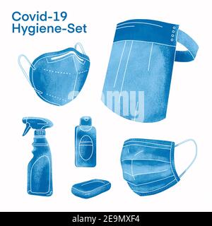 Kit de vaccin Covid-19 illustré, avec masque, ampoule et seringue – bleu Banque D'Images